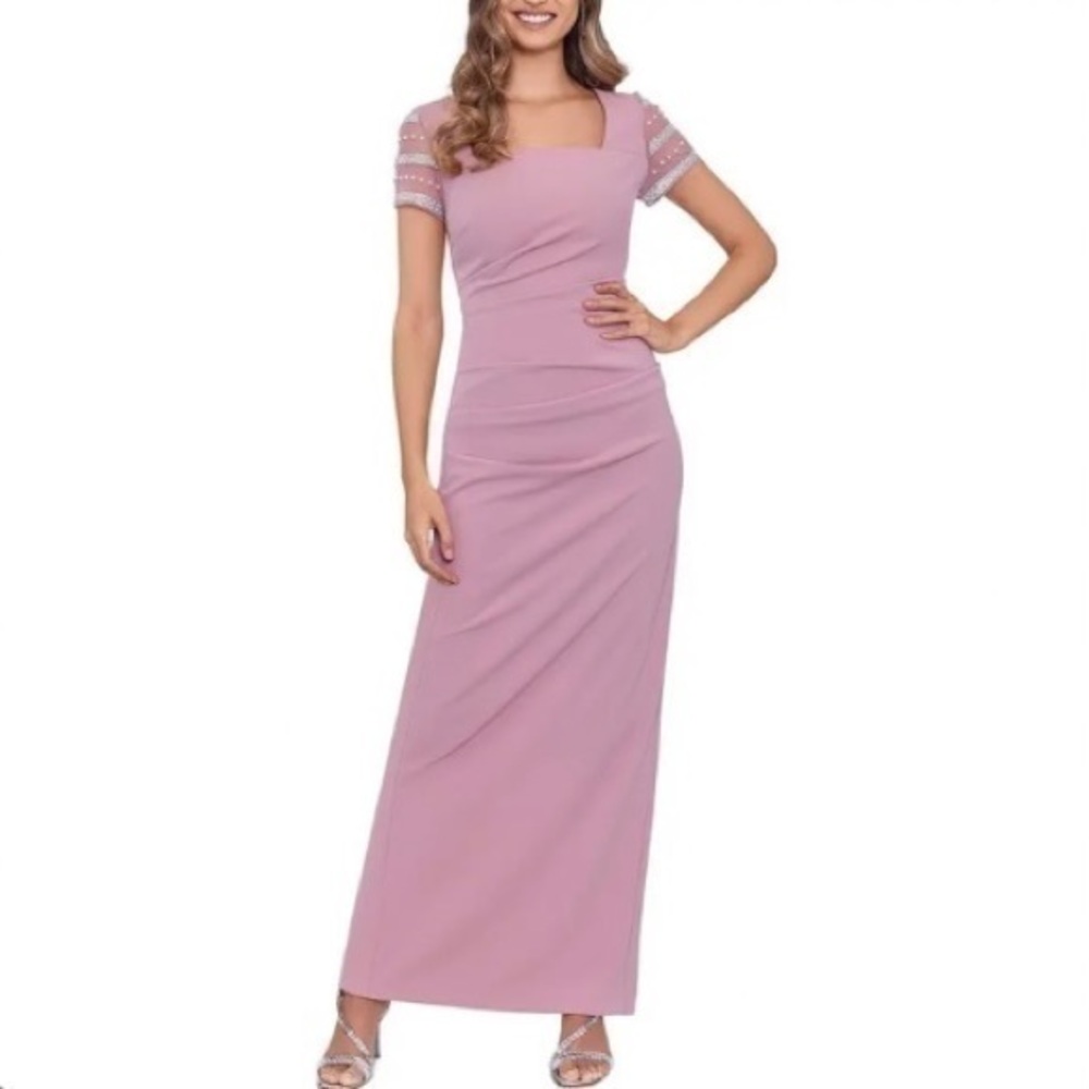 Betsy & Adam Embellished Square Neck Illusion Beaded Short Sleeve Gown in Rose